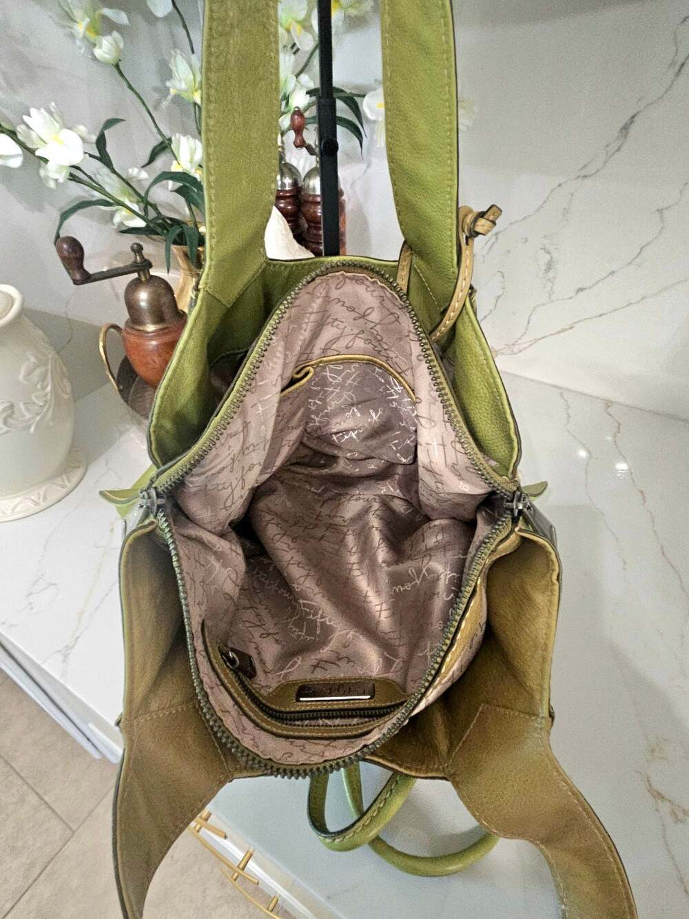 Fifty Four Fossil Green Leather Shoulder Bag with Bamboo-Style Toggle Closure - Picture 9 of 10